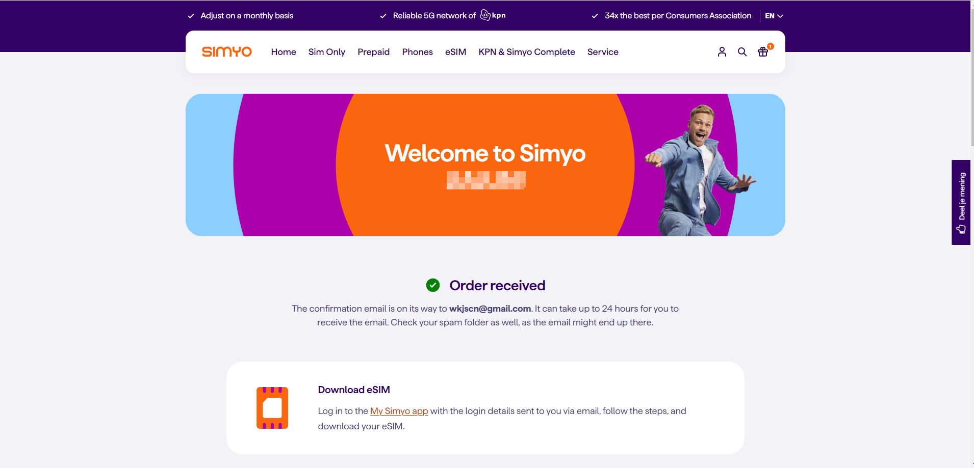 荷兰Simyo eSIM,0月租,5欧开卡,无需实名,可保号12年