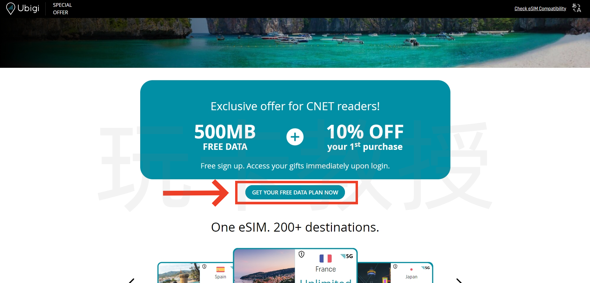 ubigi注册送500M流量,可直接访问Google,YouTube