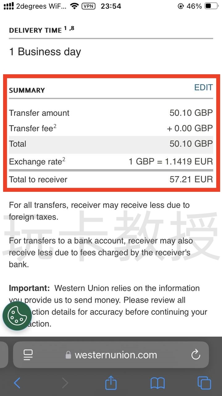 西联汇款教程,无需KYC,汇款50.10英镑,可得一张含10英镑余额的万事达银行卡,支持充值GiffGaff